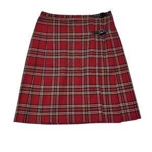 Eddie Bauer Womens Red Plaid‎ Pleated Wrap Skirt Size 14 Faux Leather Buckle